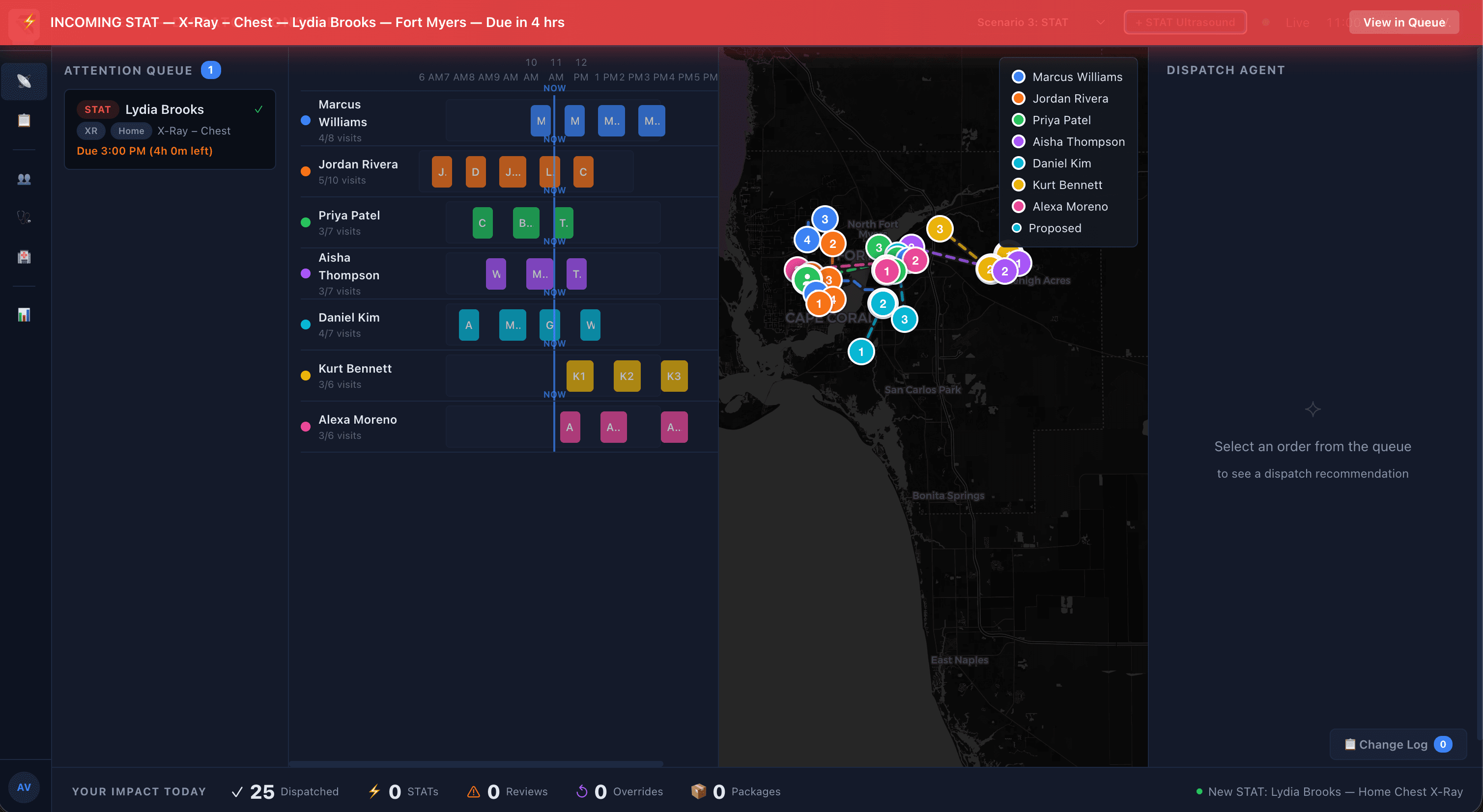 Dispatch console showing attention queue and clinician locations on map