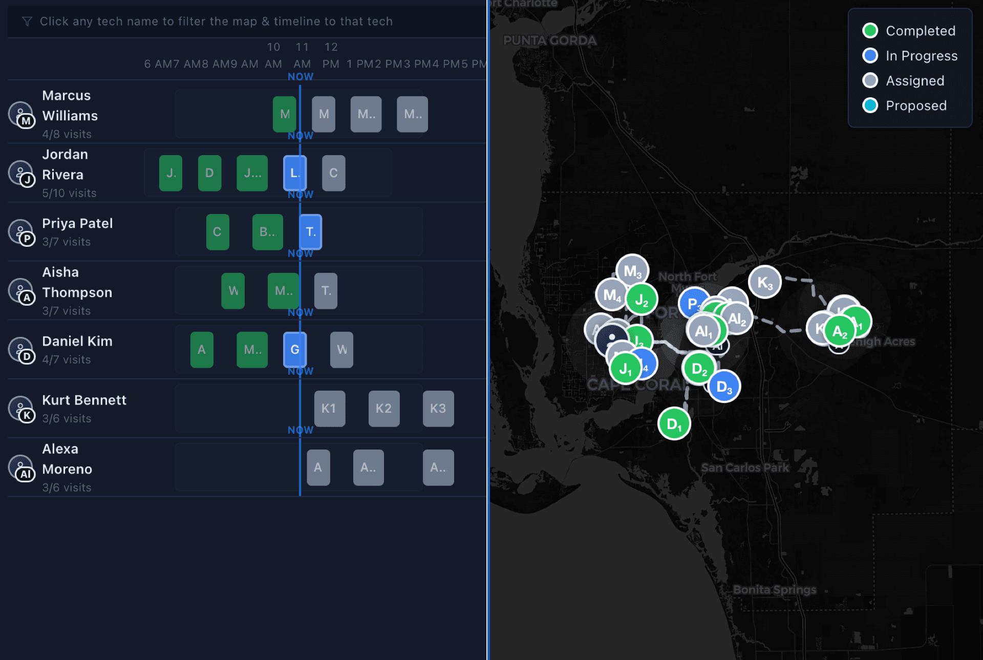 Staffing view showing technician availability, schedules, and geographic coverage